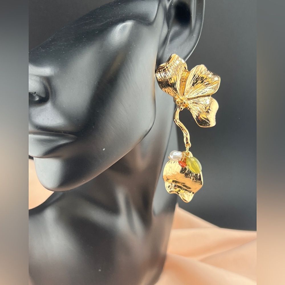 Gold Orchid Drop Earrings with Multicolor Beads - Picture 5 of 10
